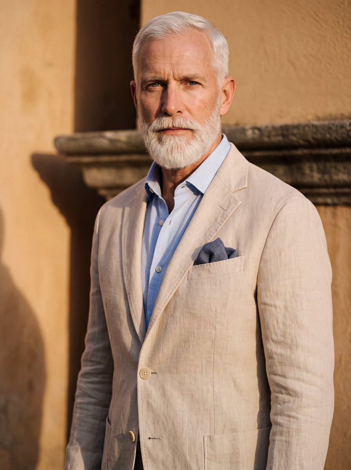Upton blazer in Beige, worn by a model in a Mediterranean setting - Gentlemens Manor lifestyle