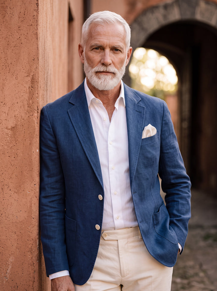 Upton blazer in Blue, worn by a model in a Mediterranean setting - Gentlemens Manor lifestyle