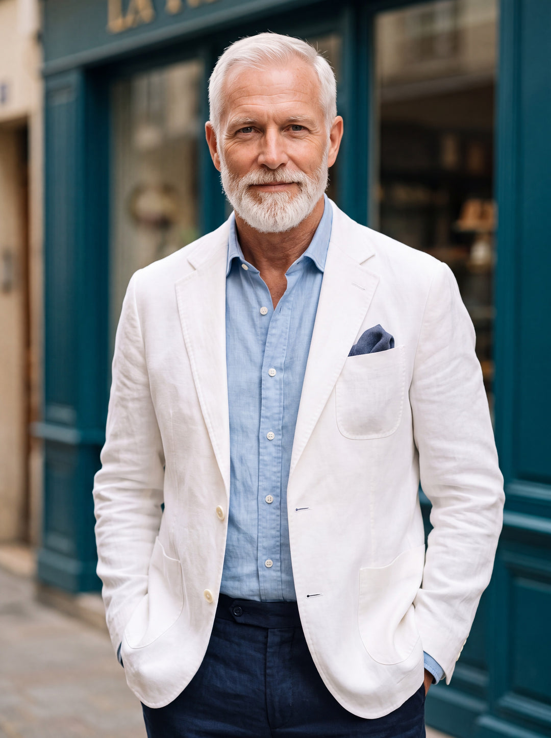 Upton blazer in White, worn by a model in a Mediterranean setting - Gentlemens Manor lifestyle
