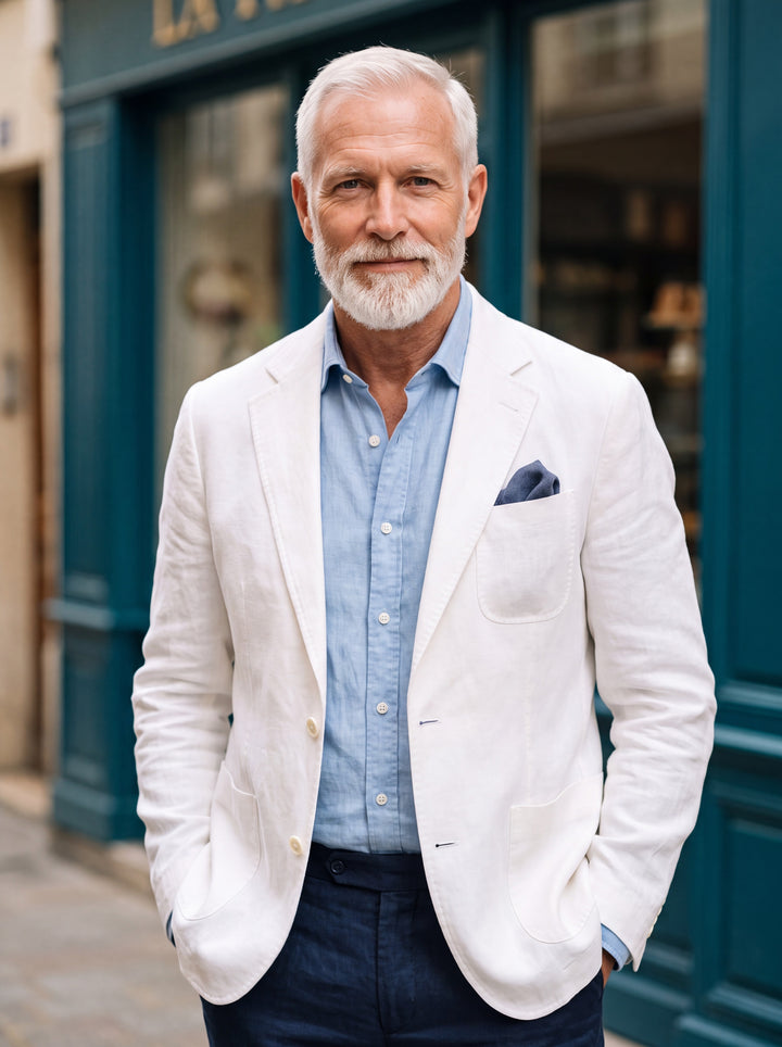 Upton blazer in White, worn by a model in a Mediterranean setting - Gentlemens Manor lifestyle