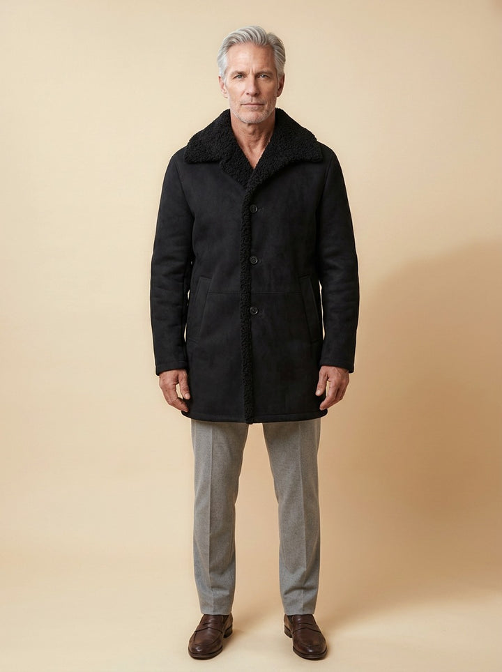 Vance shearling coat in Black, studio, Gentlemens Manor