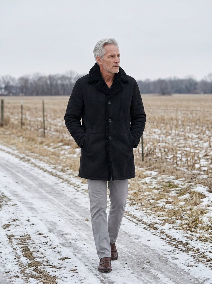Vance shearling coat in Black, lifestyle, Gentlemens Manor