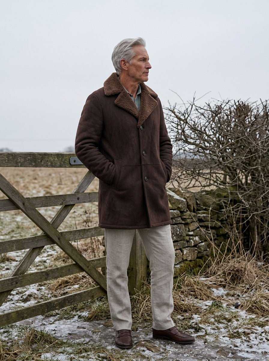Vance shearling coat in Brown, lifestyle, Gentlemens Manor
