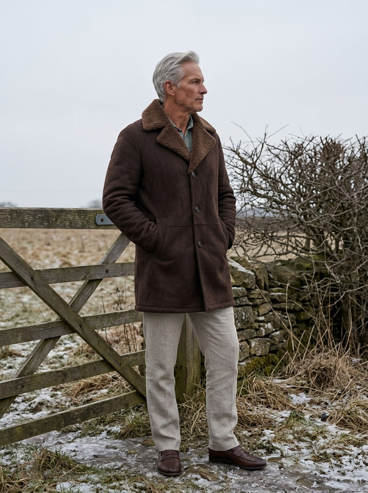 Vance shearling coat in Brown, lifestyle, Gentlemens Manor