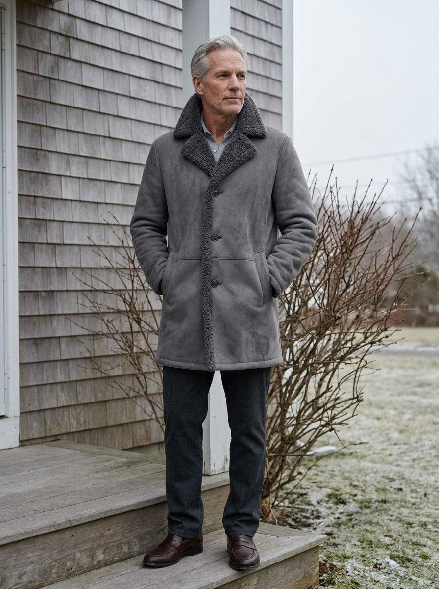 Vance shearling coat in Grey, lifestyle, Gentlemens Manor