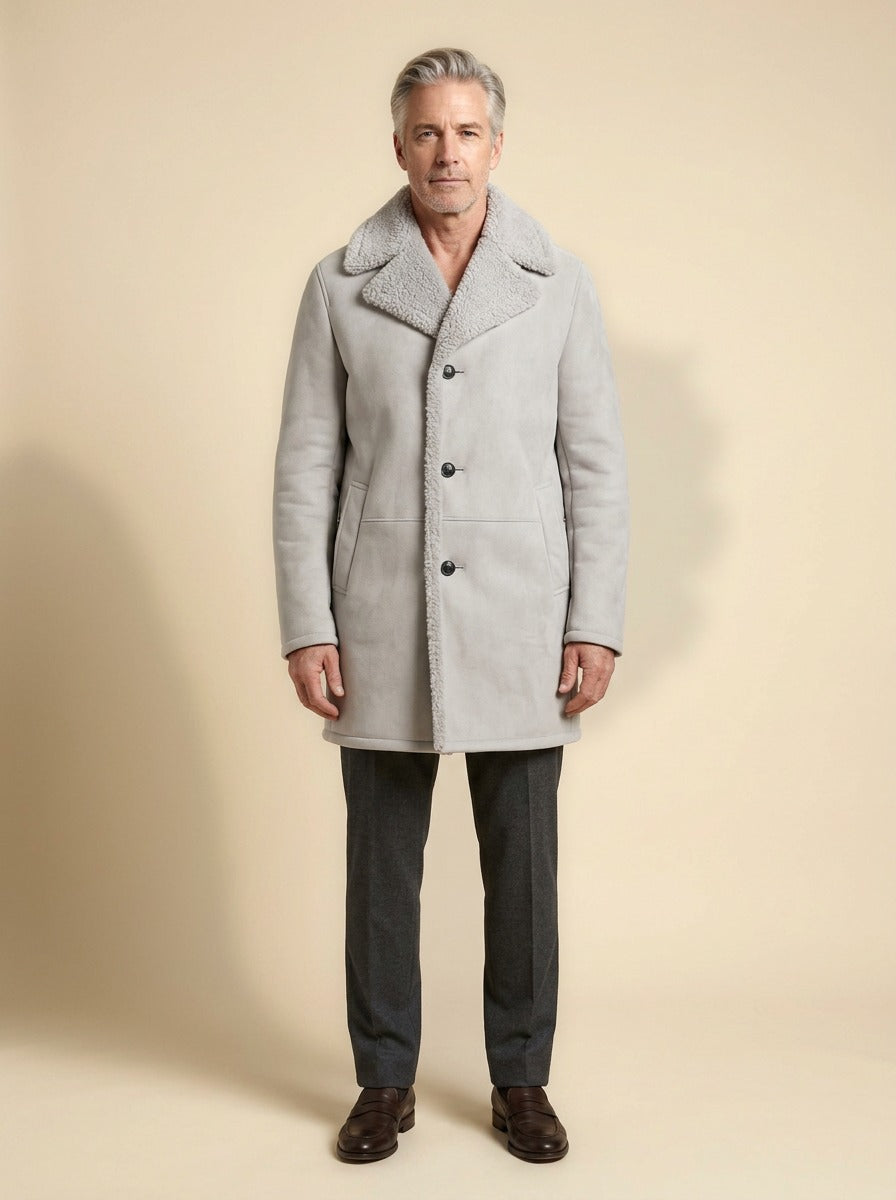 Vance shearling coat in Grey, studio, Gentlemens Manor