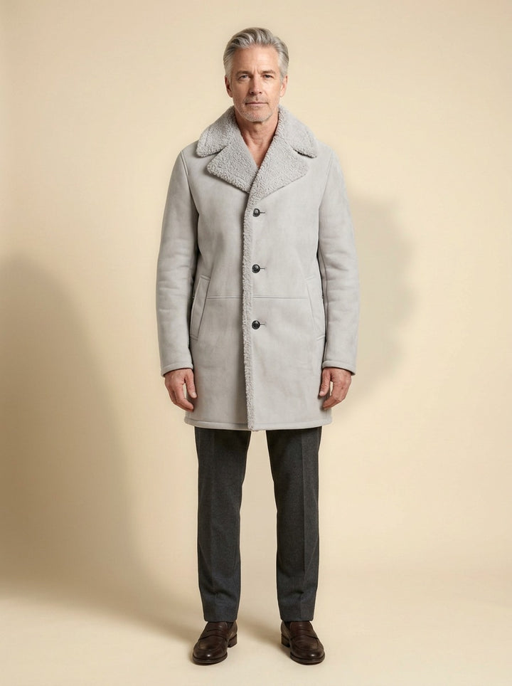 Vance shearling coat in Grey, studio, Gentlemens Manor