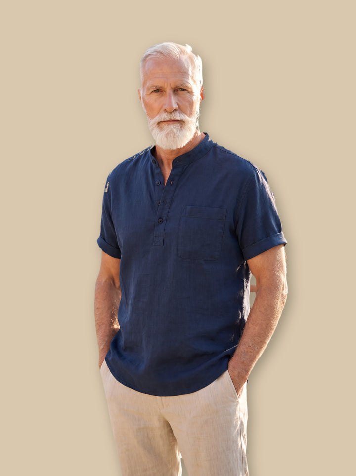 Vincent linen shirt in Navy, studio - Gentlemens Manor