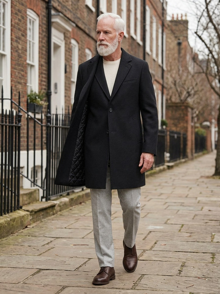 Wadsworth topcoat in Black, lifestyle on a street of brick row houses, Gentlemens Manor