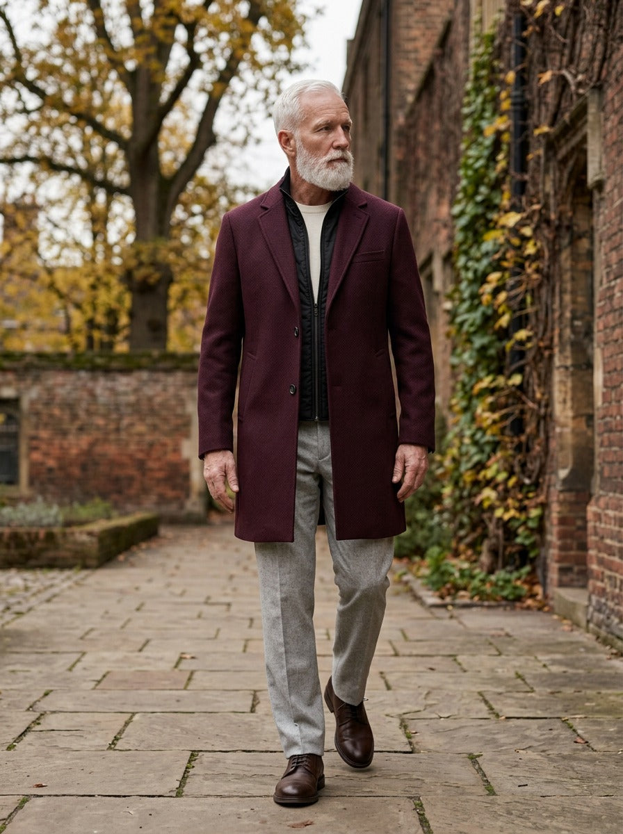 Wadsworth topcoat in Burgundy, lifestyle in a brick college courtyard, Gentlemens Manor