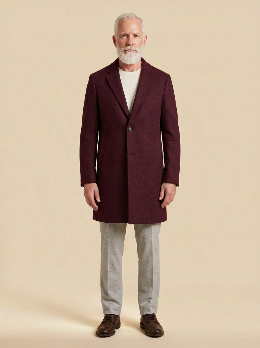 Wadsworth topcoat in Burgundy, studio, Gentlemens Manor