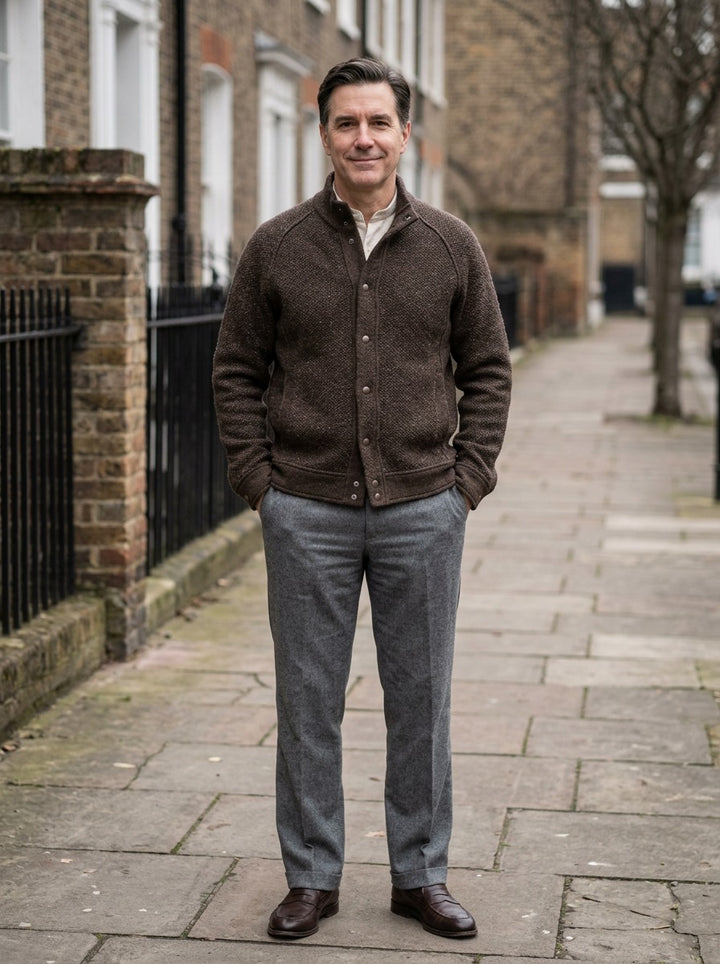 Wainwright textured knit snap jacket in Brown, lifestyle on a street of brick row houses, Gentlemens Manor