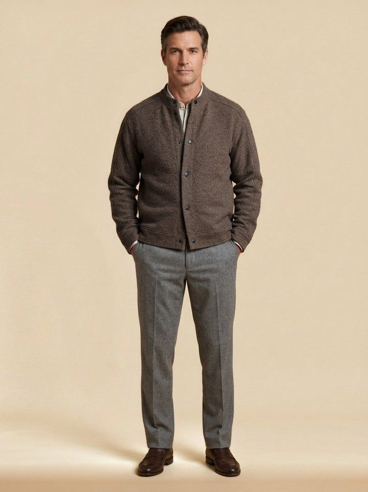 Wainwright textured knit snap jacket in Brown, studio, Gentlemens Manor