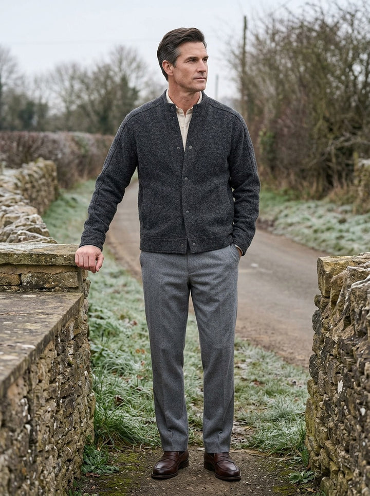 Wainwright textured knit snap jacket in Charcoal, lifestyle on a country lane, Gentlemens Manor