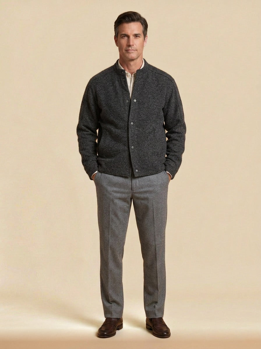 Wainwright textured knit snap jacket in Charcoal, studio, Gentlemens Manor