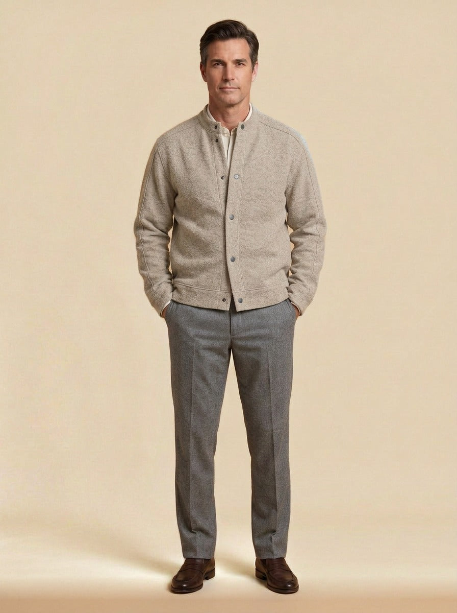 Wainwright textured knit snap jacket in Oatmeal, studio, Gentlemens Manor