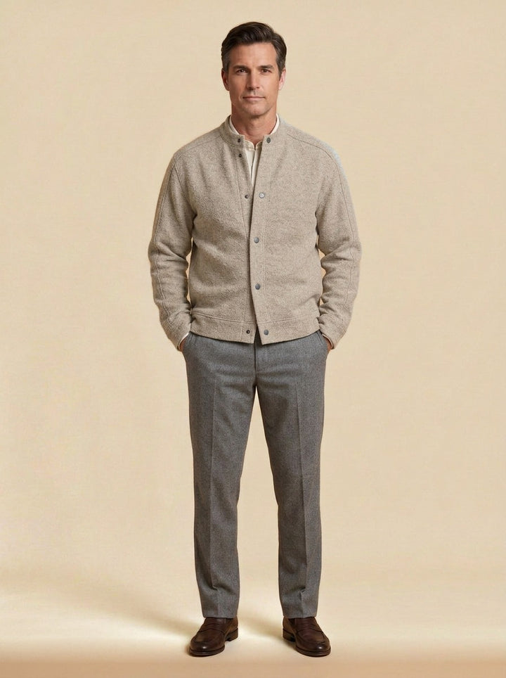 Wainwright textured knit snap jacket in Oatmeal, studio, Gentlemens Manor