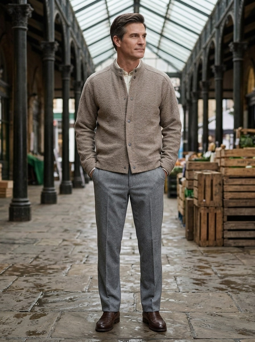 Wainwright textured knit snap jacket in Taupe, lifestyle in a covered market hall, Gentlemens Manor