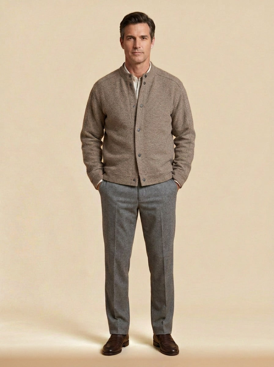 Wainwright textured knit snap jacket in Taupe, studio, Gentlemens Manor
