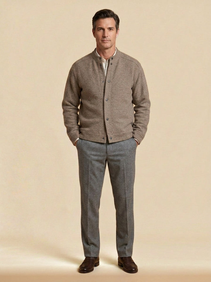 Wainwright textured knit snap jacket in Taupe, studio, Gentlemens Manor