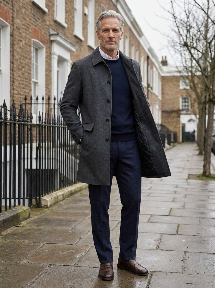 Wakefield overcoat in Charcoal, lifestyle on a street of brick row houses, Gentlemens Manor
