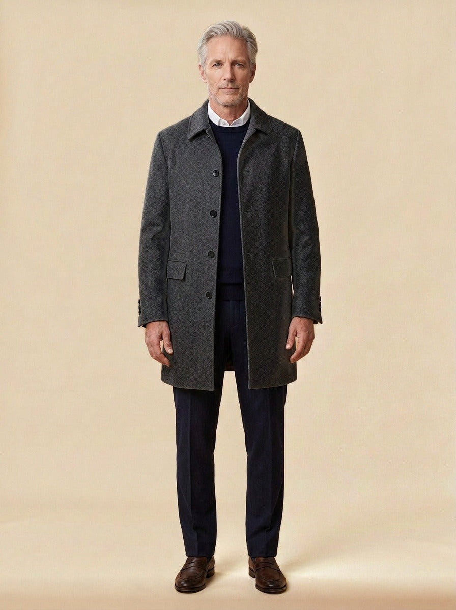 Wakefield overcoat in Charcoal, studio, Gentlemens Manor