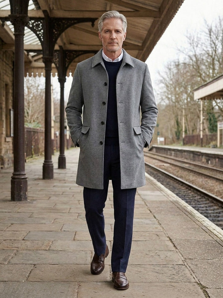 Wakefield overcoat in Grey, lifestyle on a railway platform, Gentlemens Manor