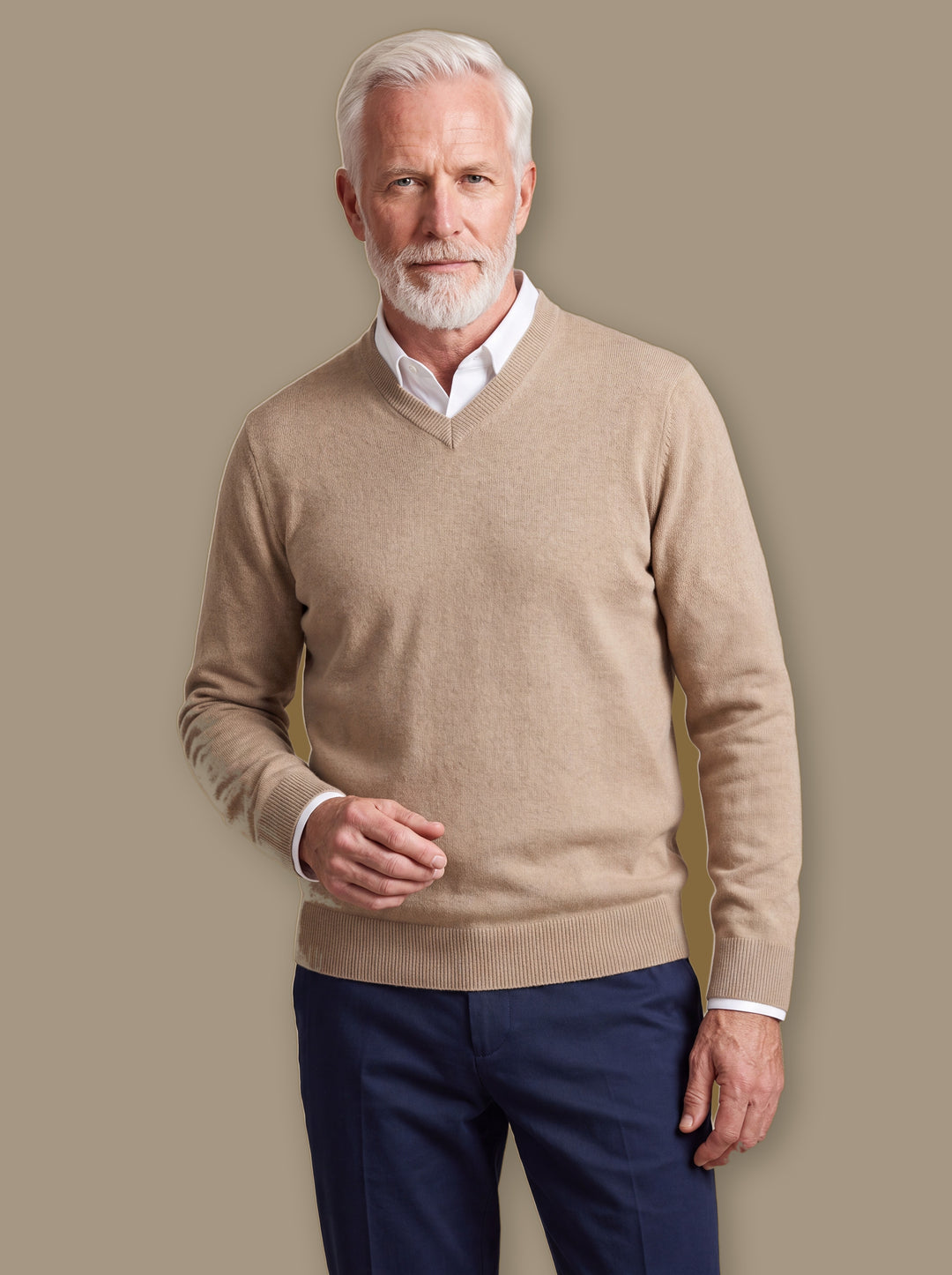 Wallace knit sweater in Beige, worn by a model on a warm taupe studio background - Gentlemens Manor