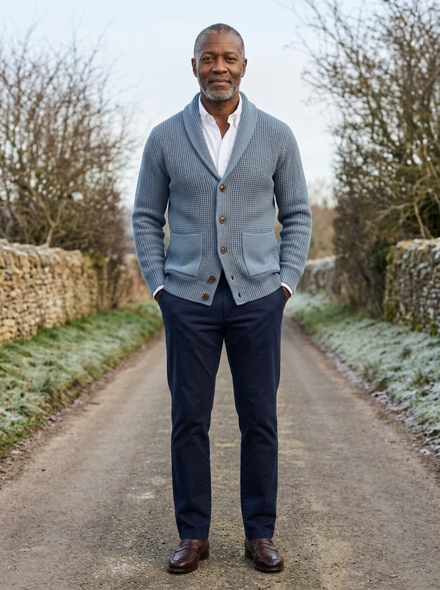 Wallis waffle knit shawl collar cardigan in Blue, lifestyle on a country lane, Gentlemens Manor