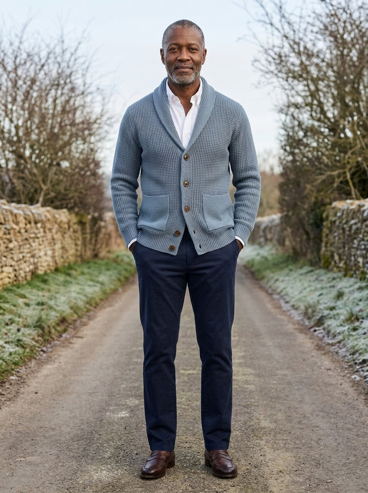 Wallis waffle knit shawl collar cardigan in Blue, lifestyle on a country lane, Gentlemens Manor