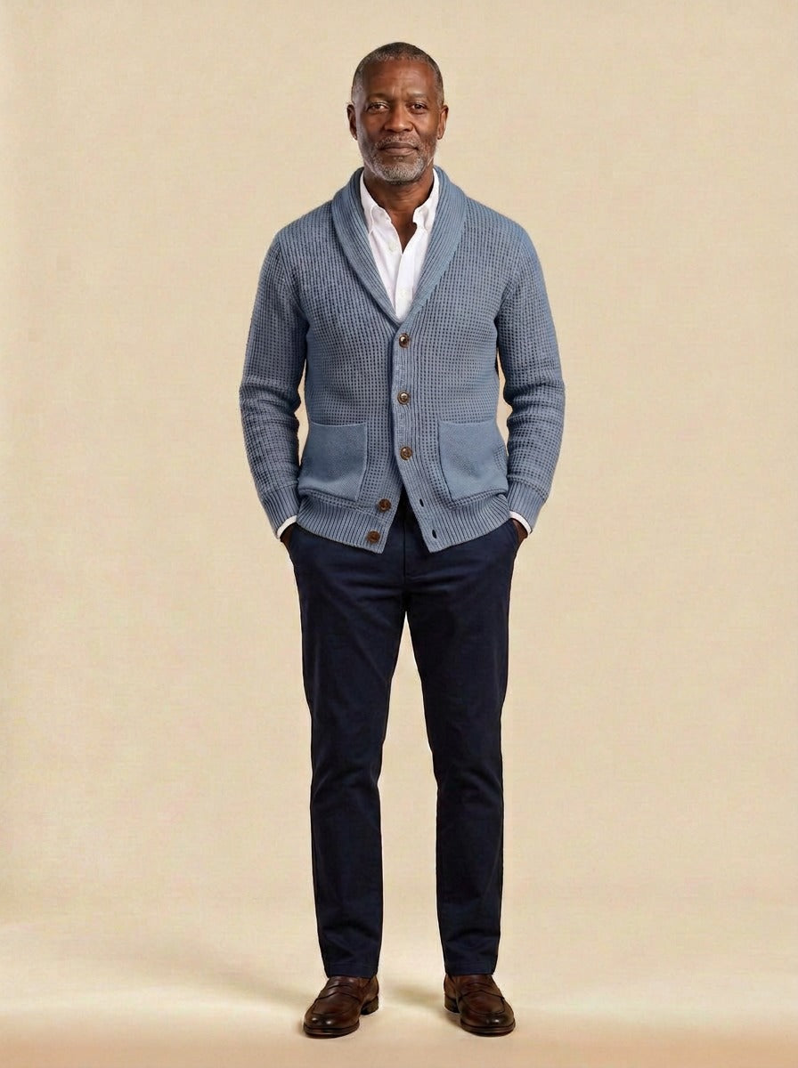 Wallis waffle knit shawl collar cardigan in Blue, studio, Gentlemens Manor