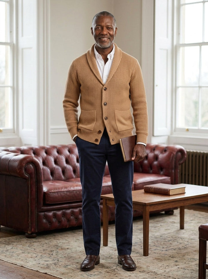 Wallis waffle knit shawl collar cardigan in Camel, lifestyle in a club reading room, Gentlemens Manor