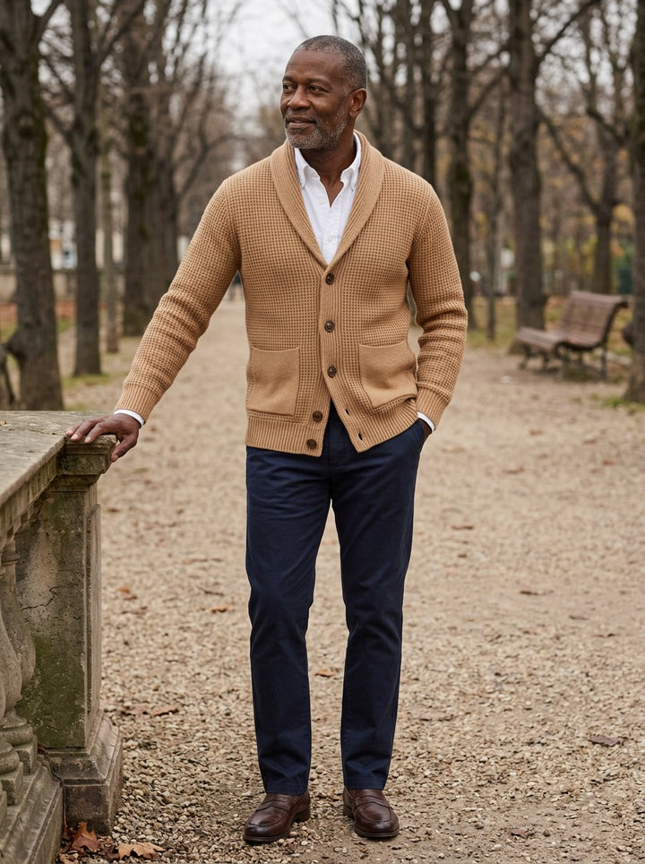 Wallis waffle knit shawl collar cardigan in Camel, lifestyle on a park path, Gentlemens Manor
