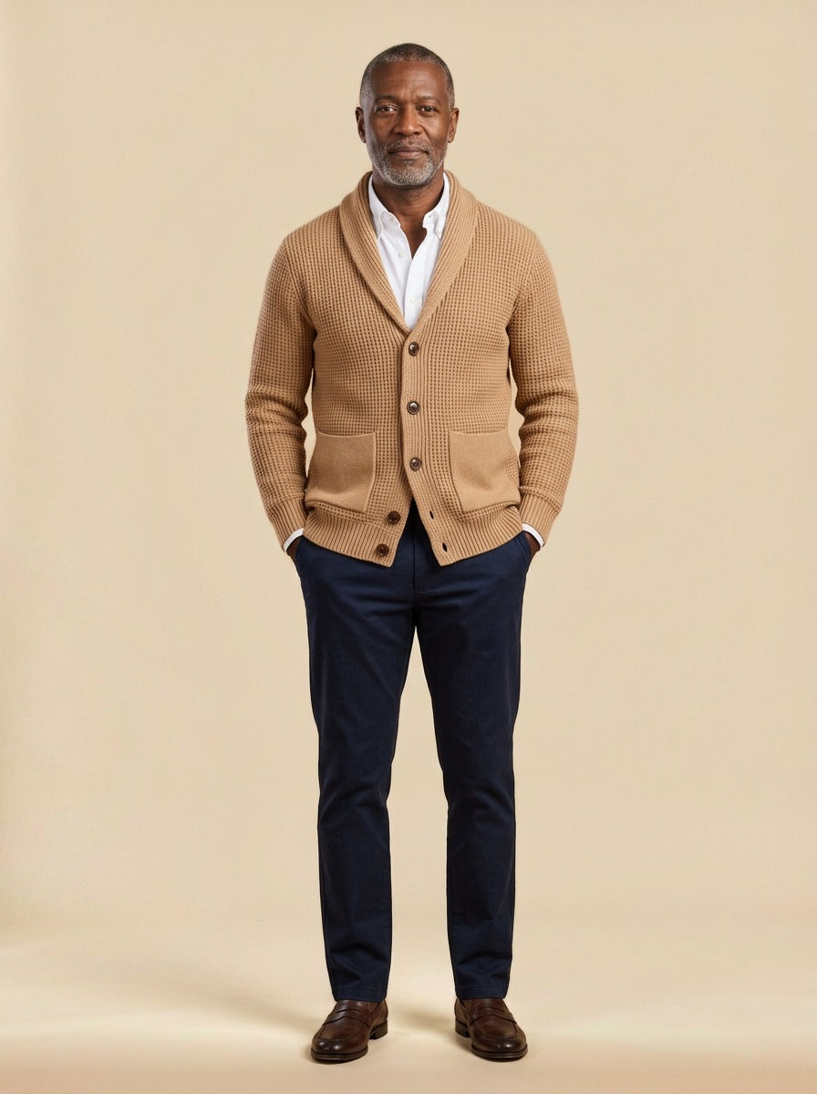 Wallis waffle knit shawl collar cardigan in Camel, studio, Gentlemens Manor