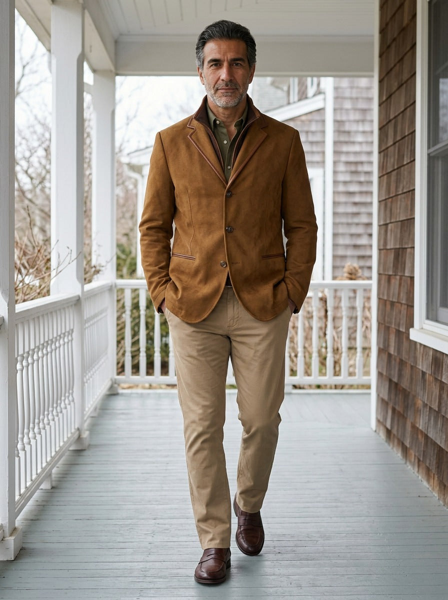 Walton field blazer layered collar in Cognac, lifestyle on a covered porch, Gentlemens Manor