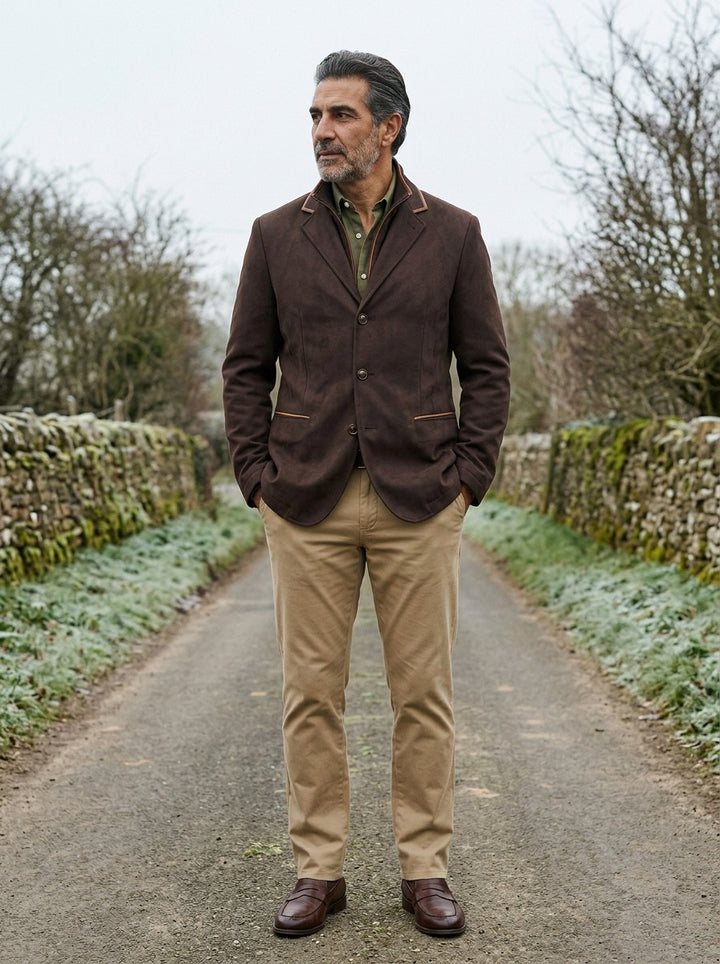 Walton field blazer layered collar in Dark Brown, lifestyle on a country lane, Gentlemens Manor