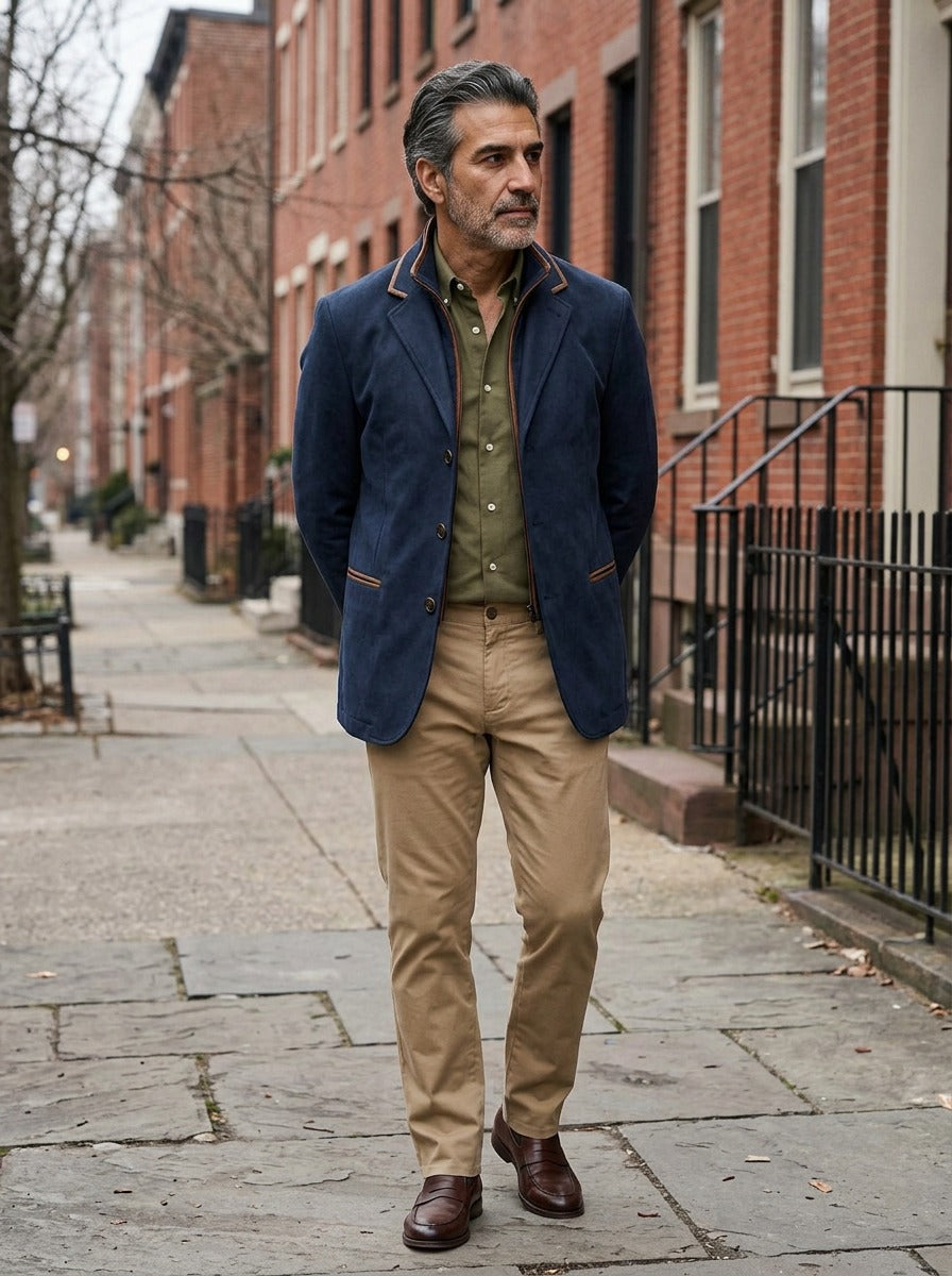 Walton field blazer layered collar in Navy, lifestyle on a street of brick row houses, Gentlemens Manor