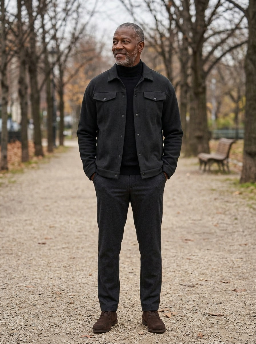 Wardell short trucker jacket in Black, lifestyle on a park path, Gentlemens Manor