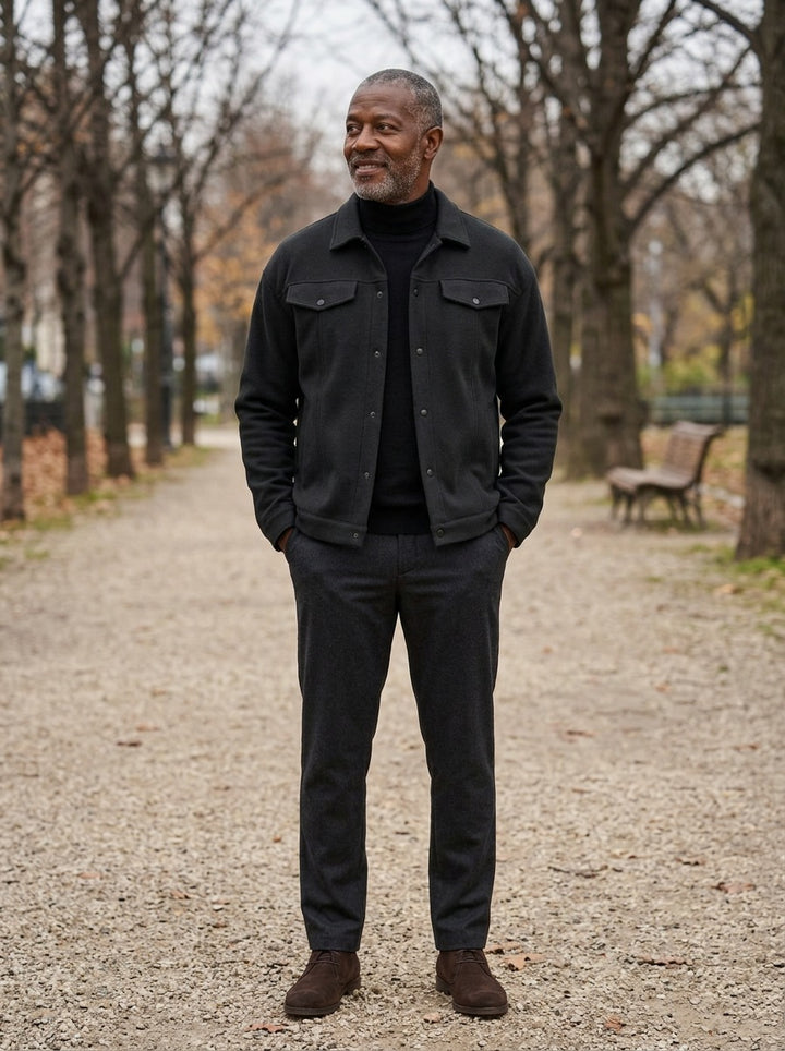 Wardell short trucker jacket in Black, lifestyle on a park path, Gentlemens Manor