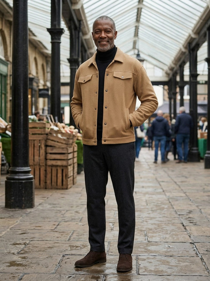 Wardell short trucker jacket in Camel, lifestyle in a covered market hall, Gentlemens Manor