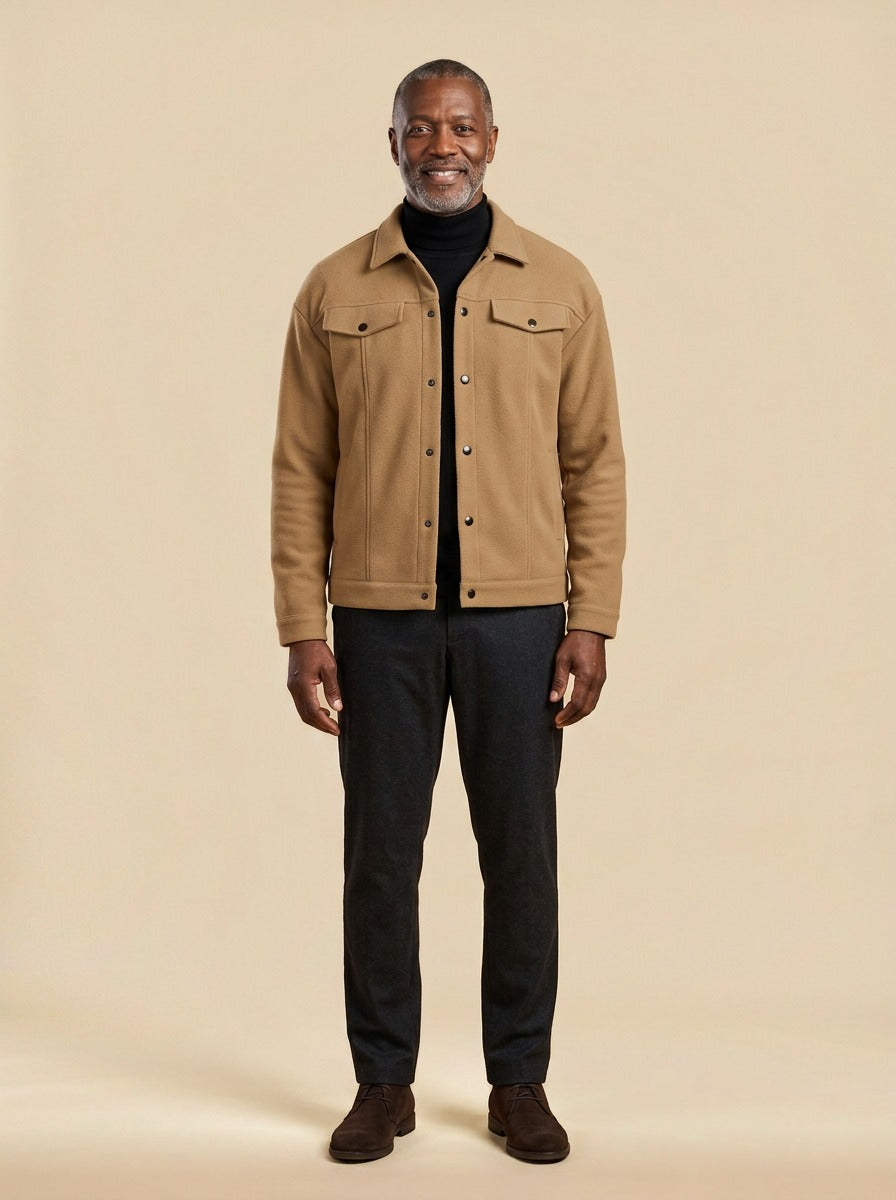 Wardell short trucker jacket in Camel, studio, Gentlemens Manor
