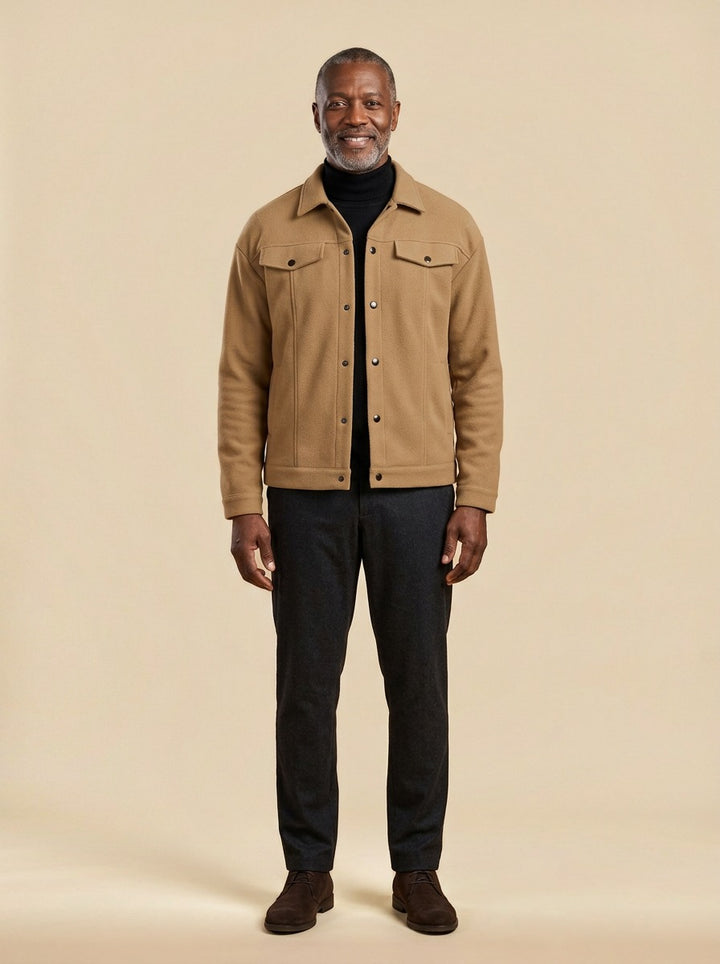 Wardell short trucker jacket in Camel, studio, Gentlemens Manor