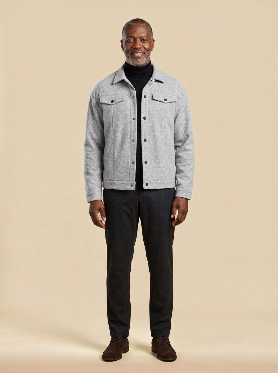 Wardell short trucker jacket in Light Grey, studio, Gentlemens Manor