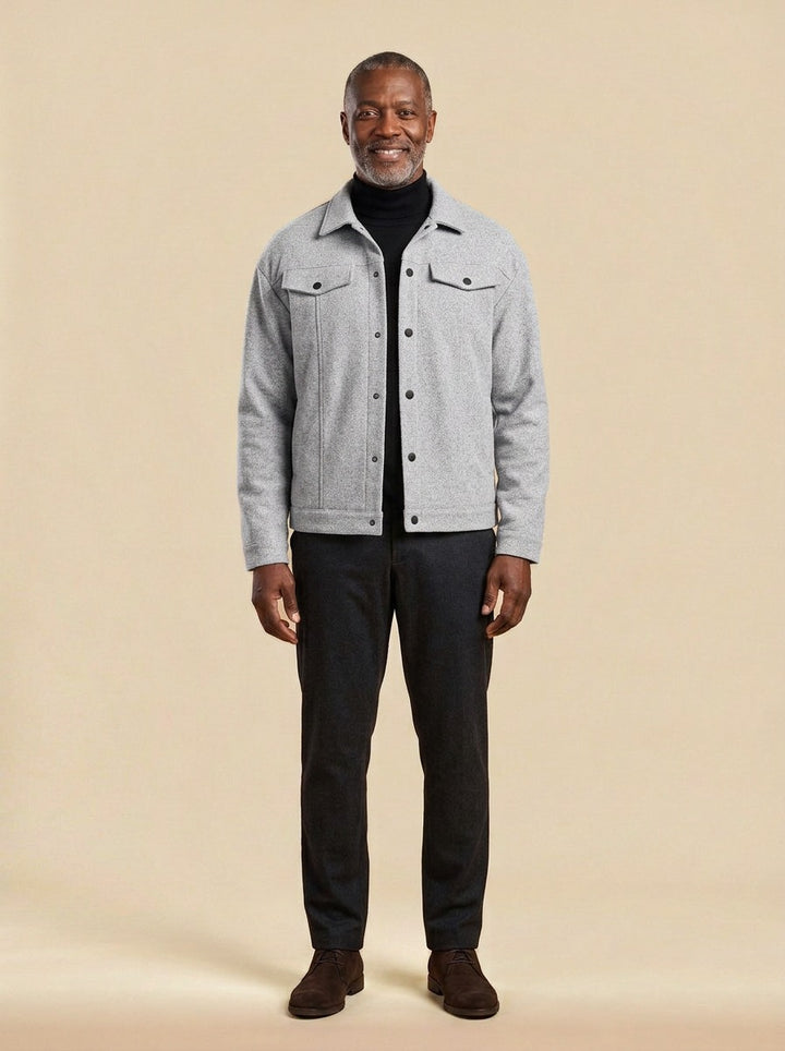 Wardell short trucker jacket in Light Grey, studio, Gentlemens Manor