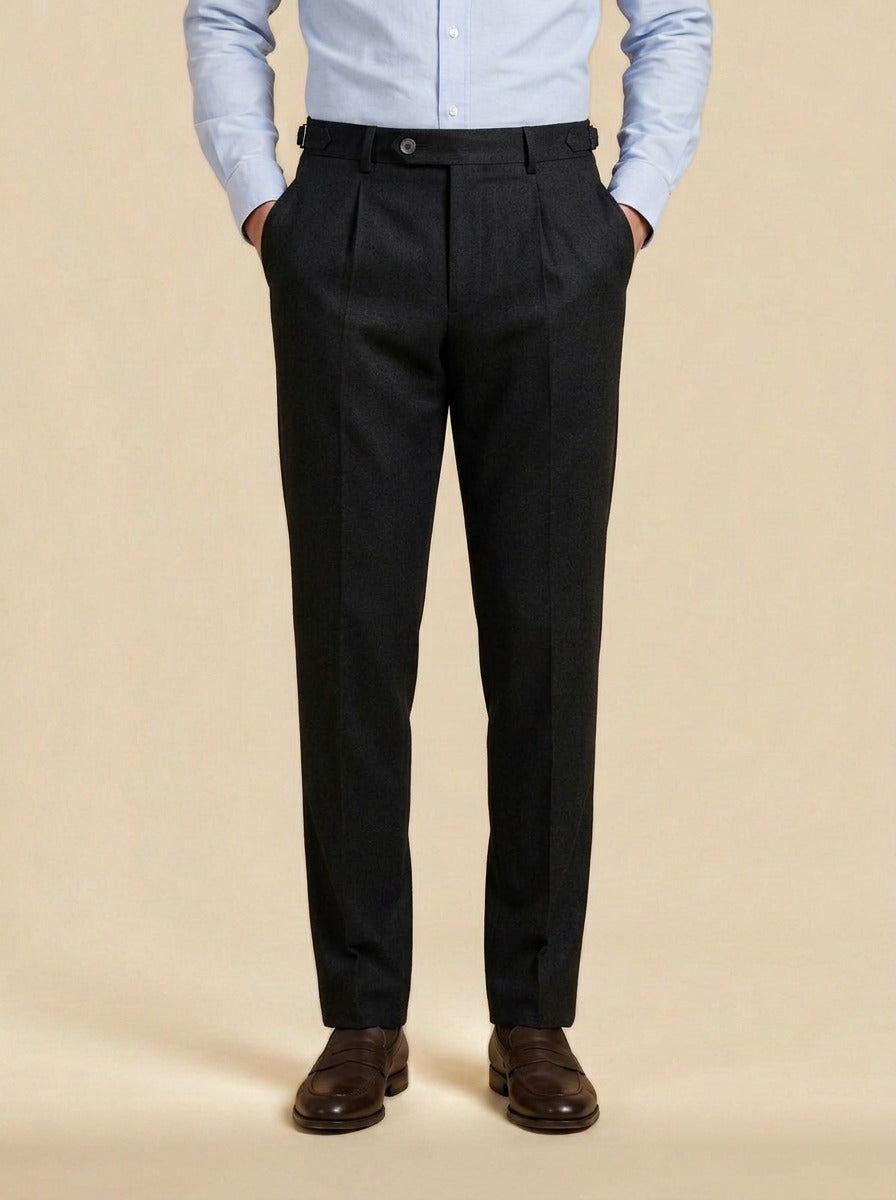 Warwick brushed pleated tapered trousers in Black, studio, Gentlemens Manor