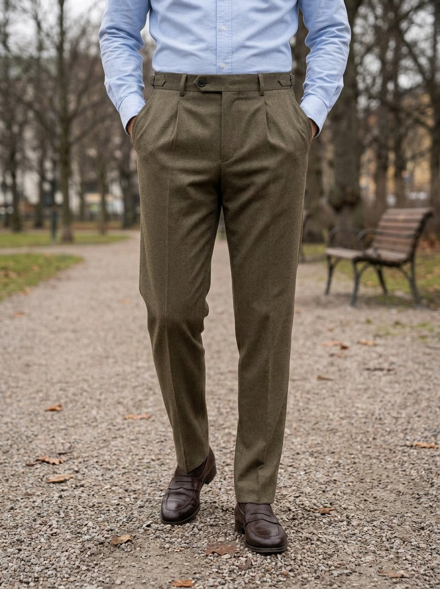 Warwick brushed pleated tapered trousers in Brown, lifestyle on a park path, Gentlemens Manor