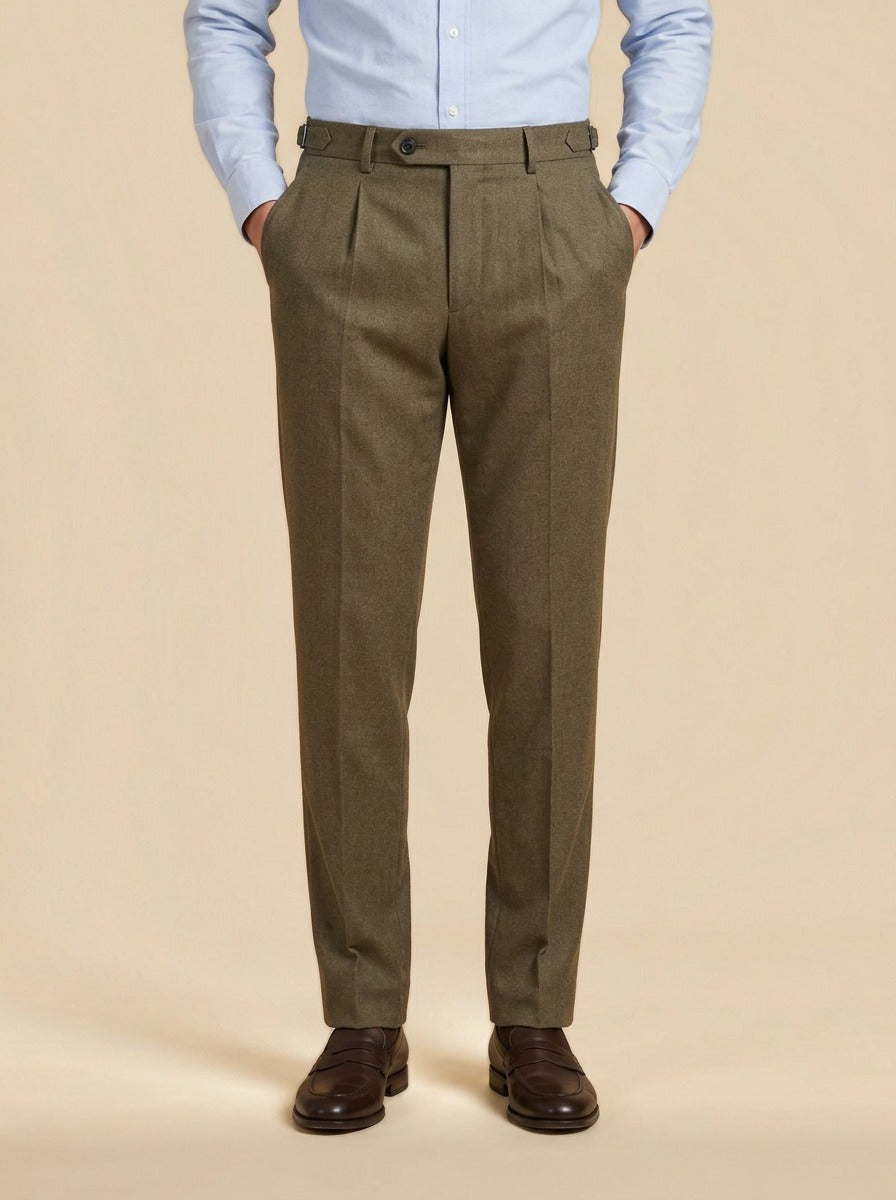 Warwick brushed pleated tapered trousers in Brown, studio, Gentlemens Manor