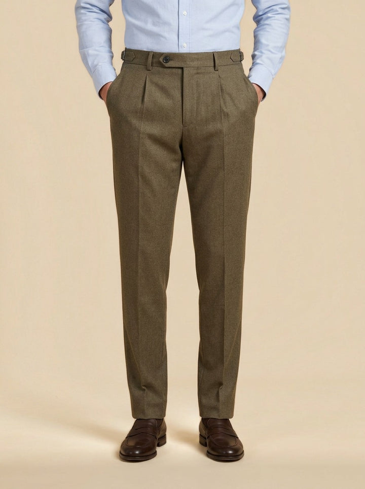 Warwick brushed pleated tapered trousers in Brown, studio, Gentlemens Manor