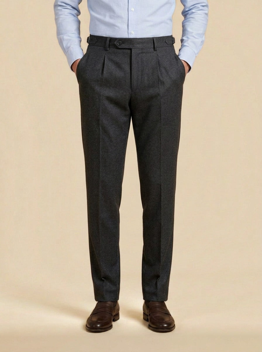 Warwick brushed pleated tapered trousers in Charcoal, studio, Gentlemens Manor