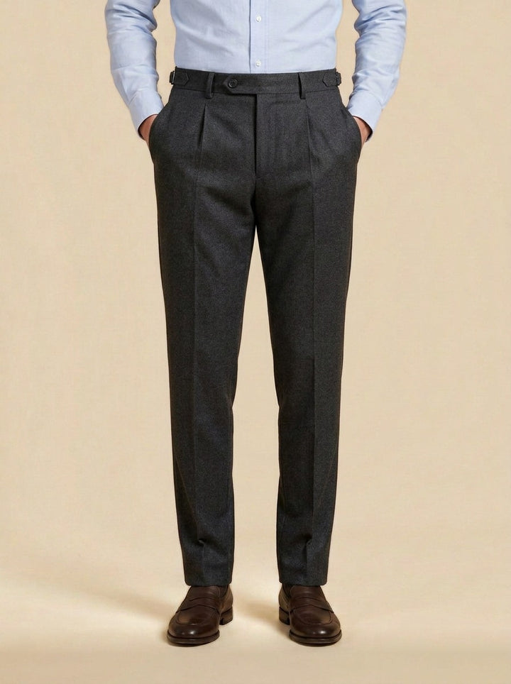 Warwick brushed pleated tapered trousers in Charcoal, studio, Gentlemens Manor
